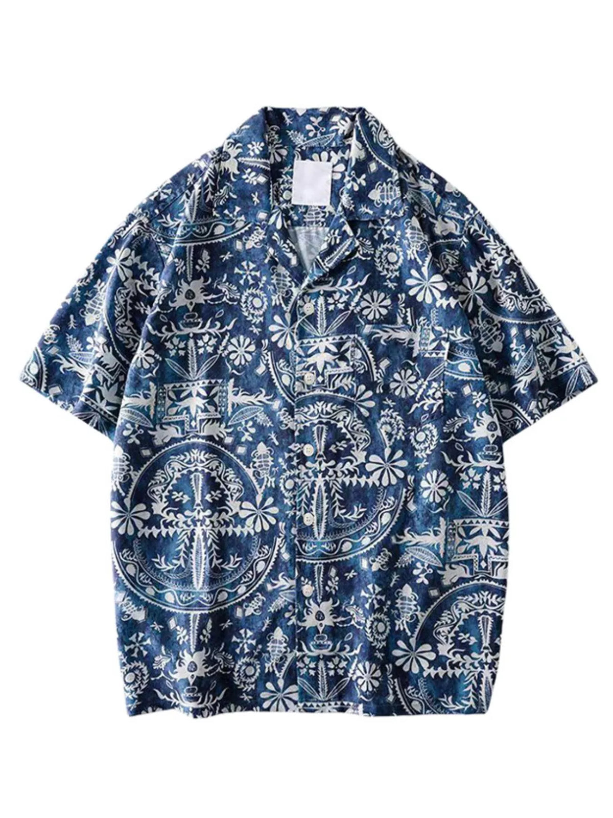 Men's vintage-print short-sleeve shirt with buttons, a pocket and seam detailing.