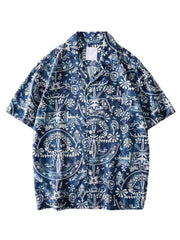 Men's vintage-print short-sleeve shirt with buttons, a pocket and seam detailing.