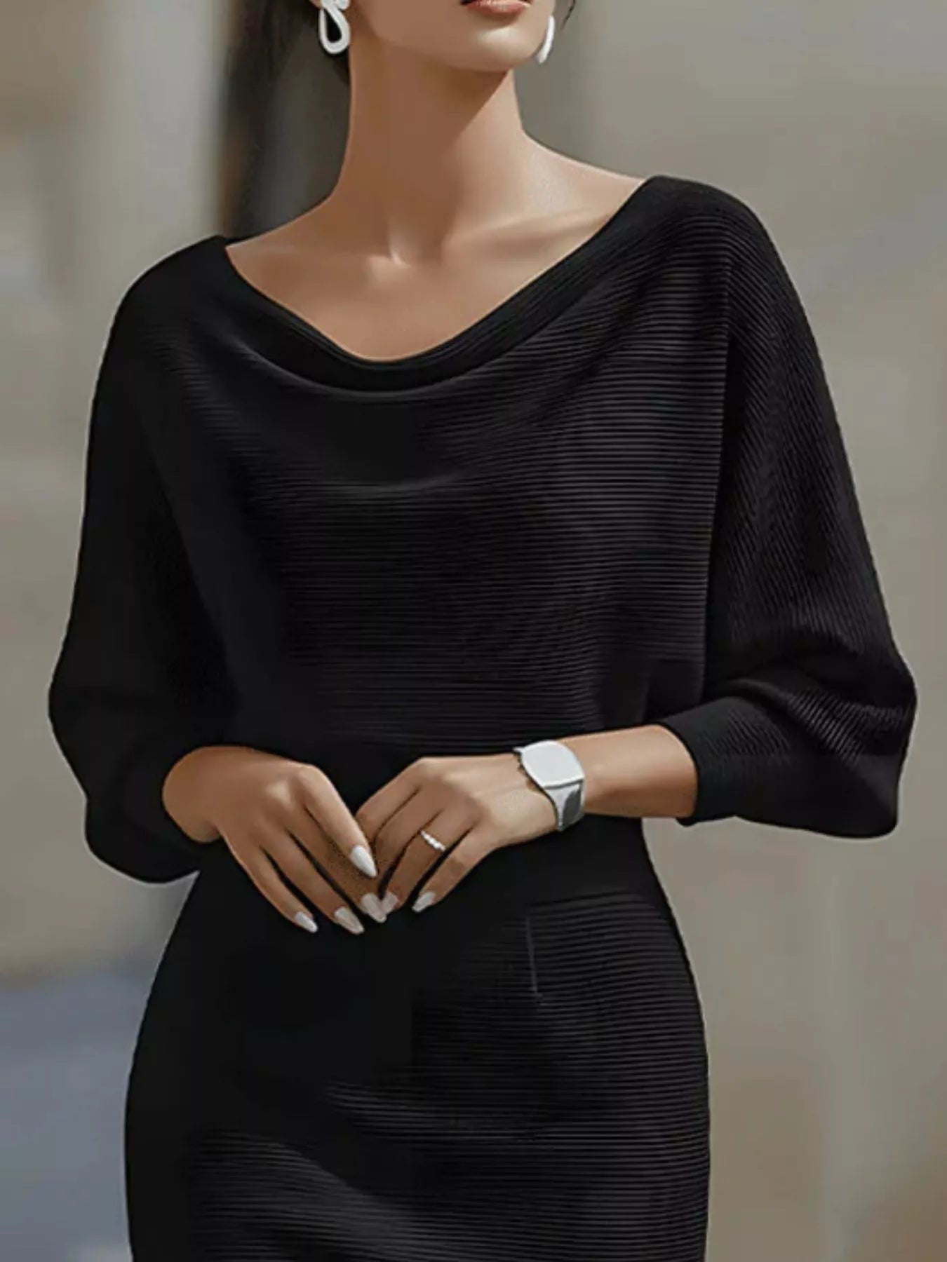 Close view of the dark gray cowl neck and three quarter sleeves on a bodycon midi dress