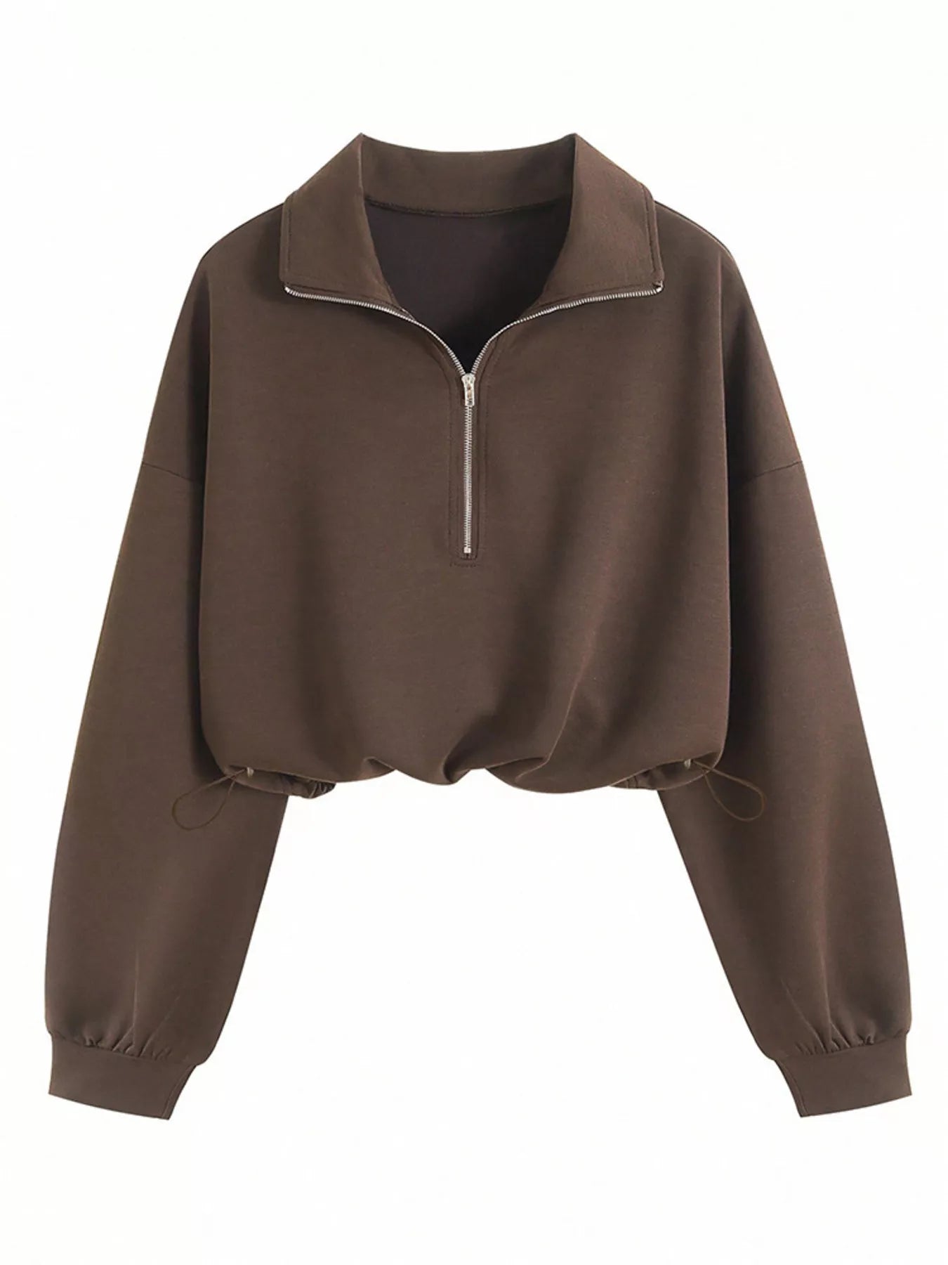Flat front view of brown half zip sweatshirt with collar and drawstring hem, no model