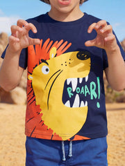 Dark blue children's short sleeve T-shirt shown worn outdoors with a large roaring yellow lion graphic