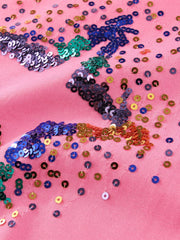 Close-up of multicolor sequin star detail on fuchsia pink children's round neck tee