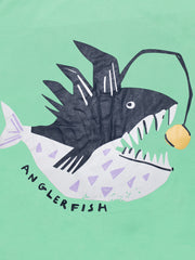 Close-up detail of the anglerfish graphic with sharp teeth and glowing yellow lure
