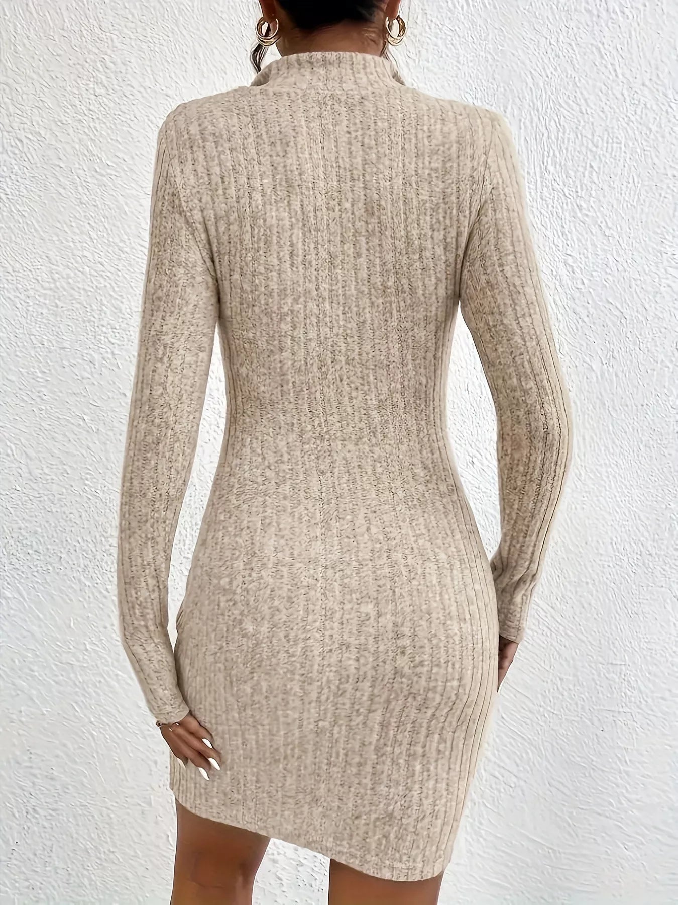 Back view of khaki ribbed knit bodycon mini dress with long sleeves
