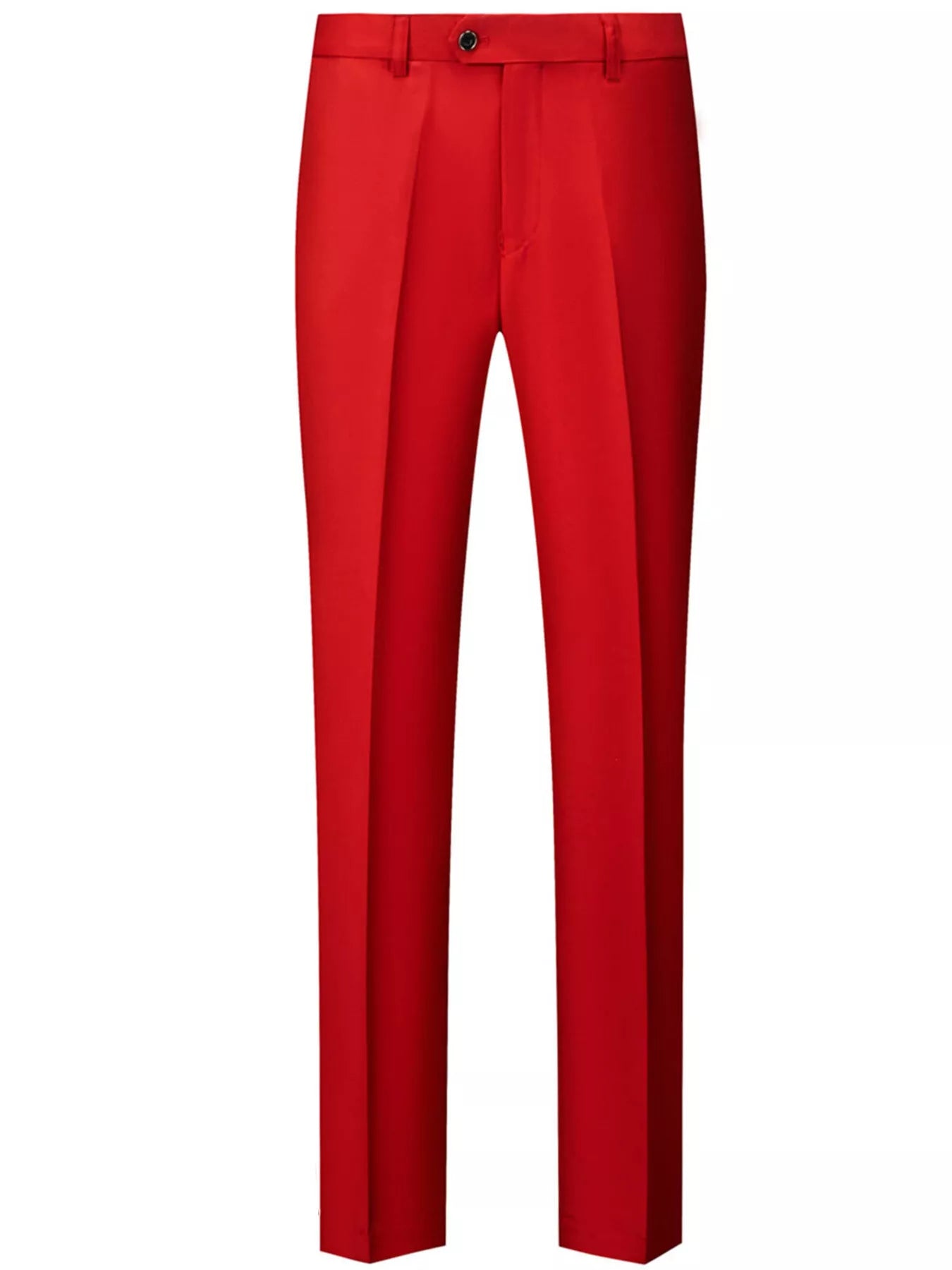 Men's red dress pants with a slim fit and button closure.