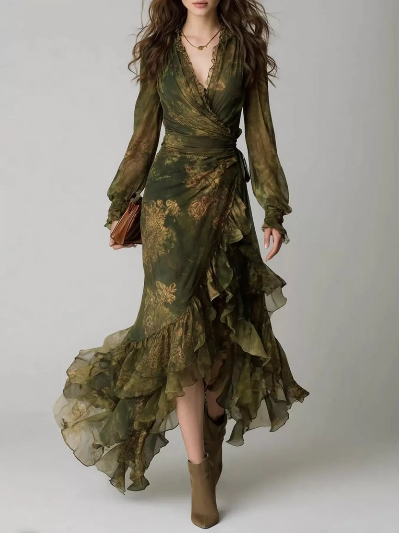 Front view of army green floral wrap maxi dress with ruffled hem and long sleeves