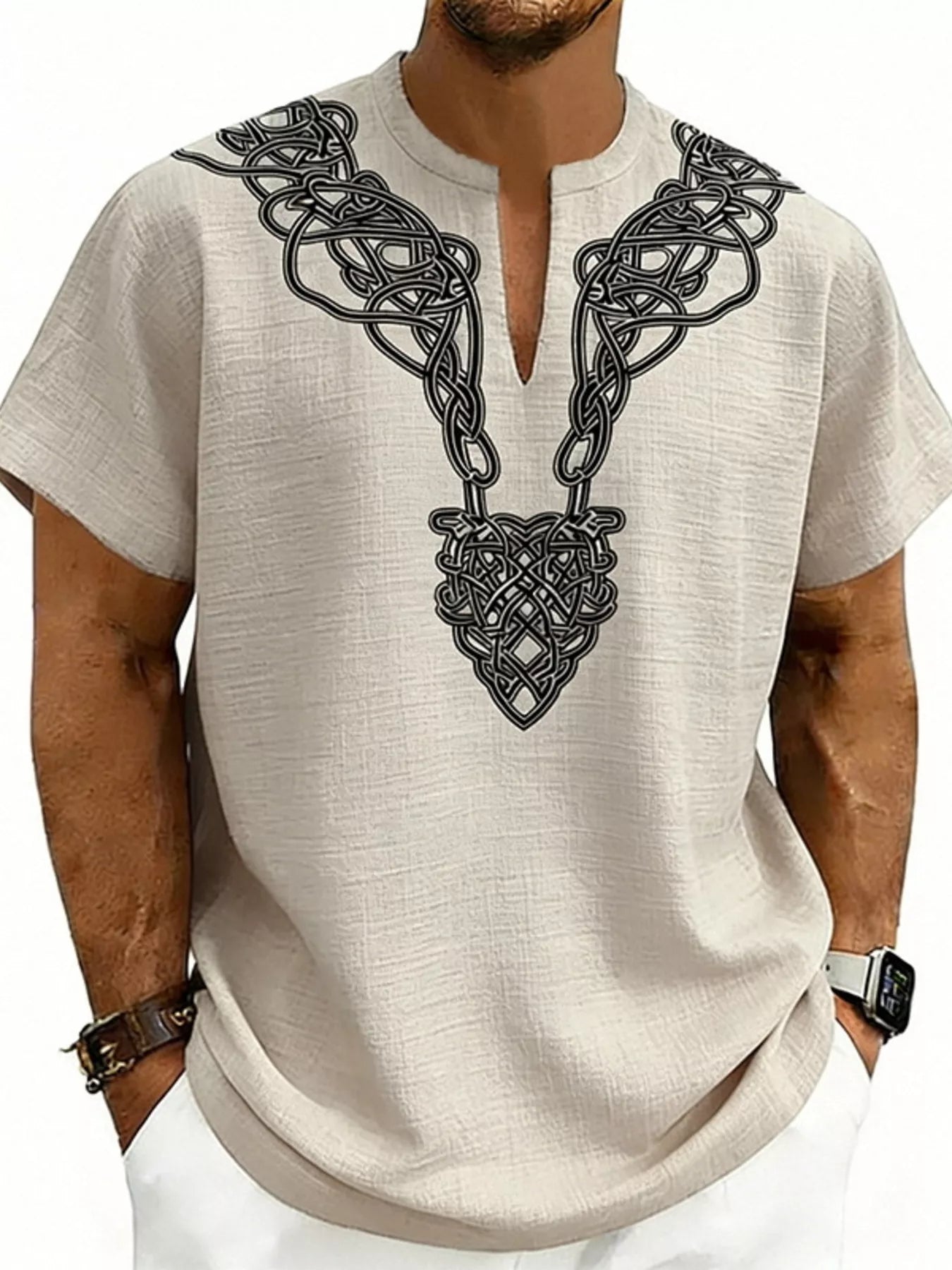 Men's printed short-sleeve blouse with a notched neckline and contrast stitching.
