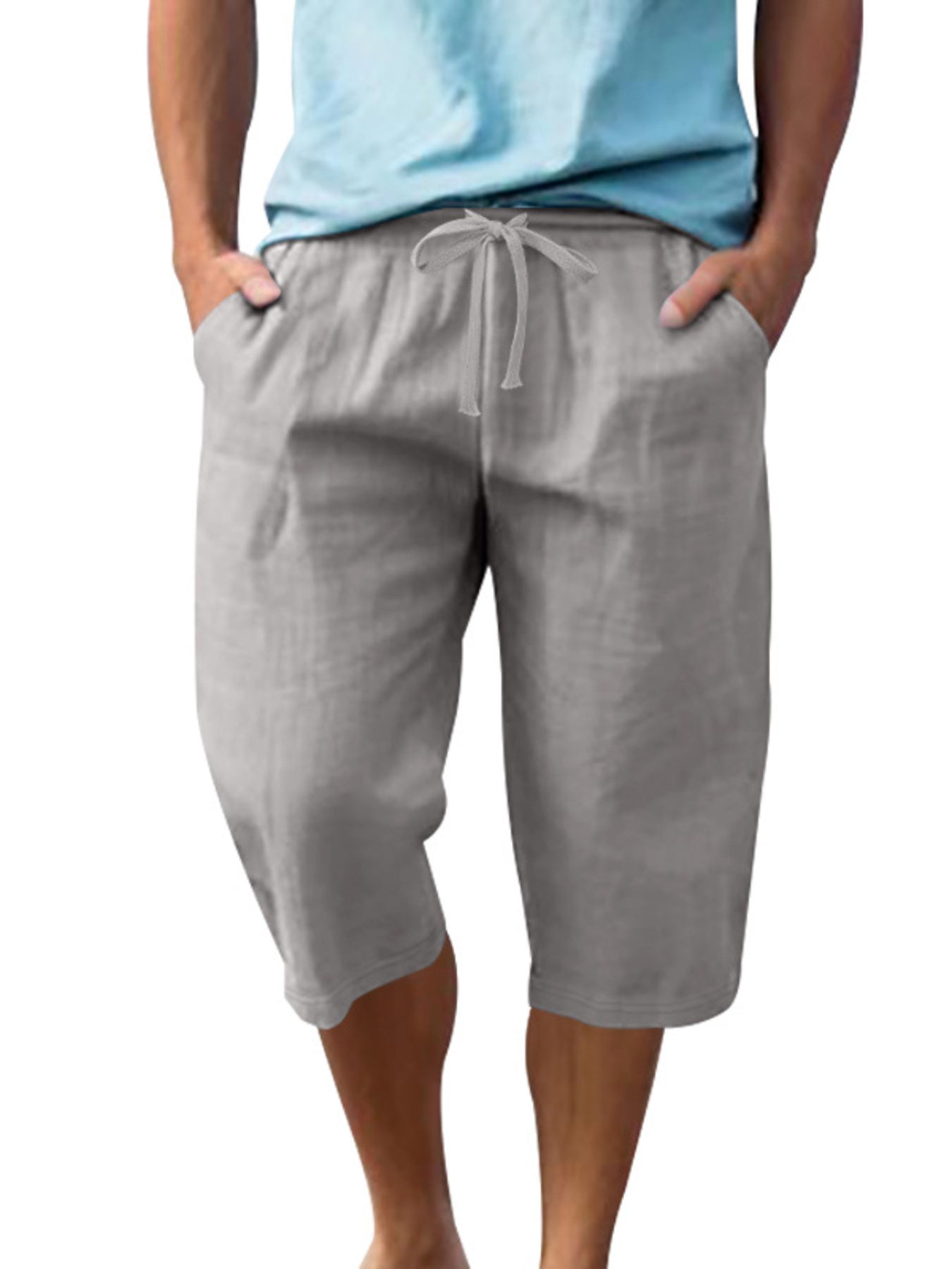 Men's casual shorts with a drawstring waist and pockets in the gray color.