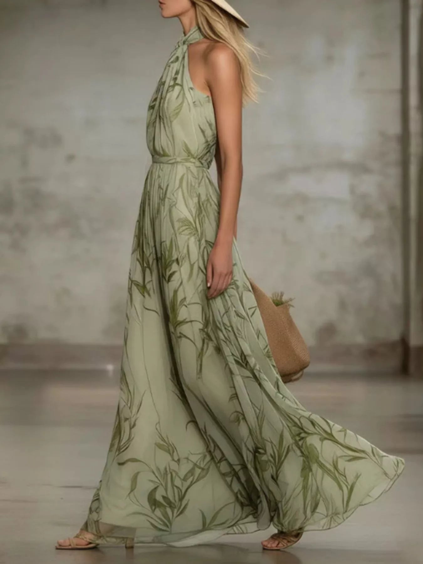 Side view of a matcha leaf print sleeveless chiffon maxi dress with a flowing long skirt