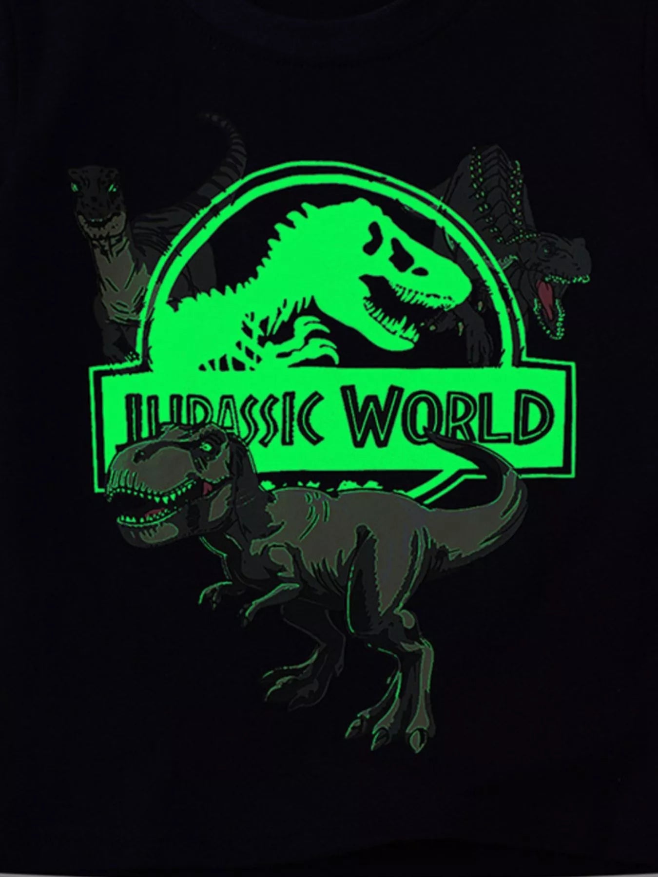 Close-up of glowing green dinosaur logo on black children's tee in the dark