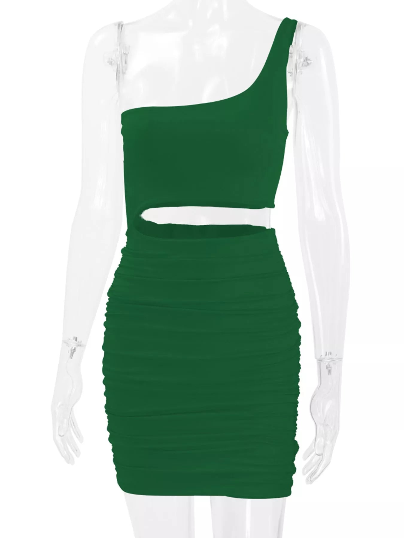 Front view of army green one shoulder cutout ruched bodycon mini dress on a clear mannequin
