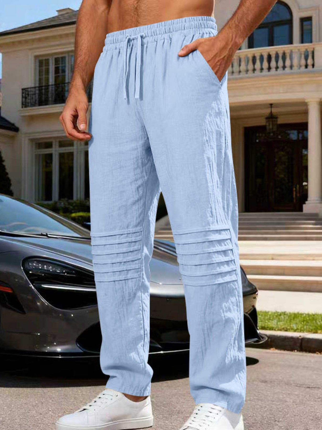Men's casual drawstring pants with pockets.