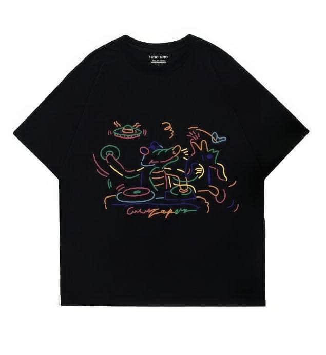 Abstract Line Art Oversized Short Sleeve T-Shirt US 4 / Black
