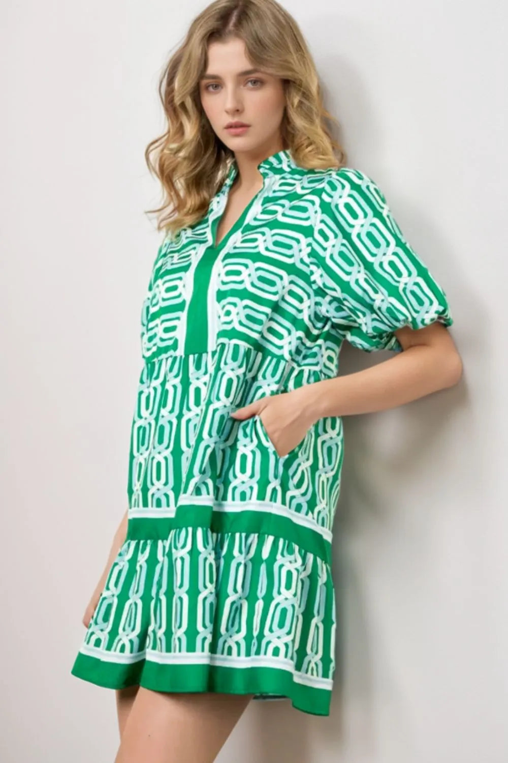 Abstract Patterned V Neck Puff Short Sleeve Mini Dress