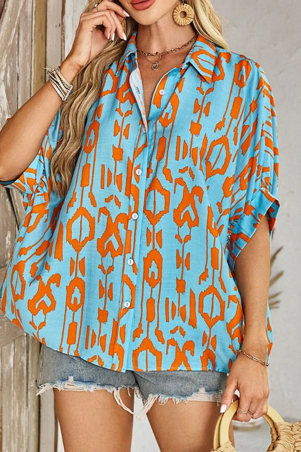 Abstract Print Dolman Short Sleeve Western Loose Shirt