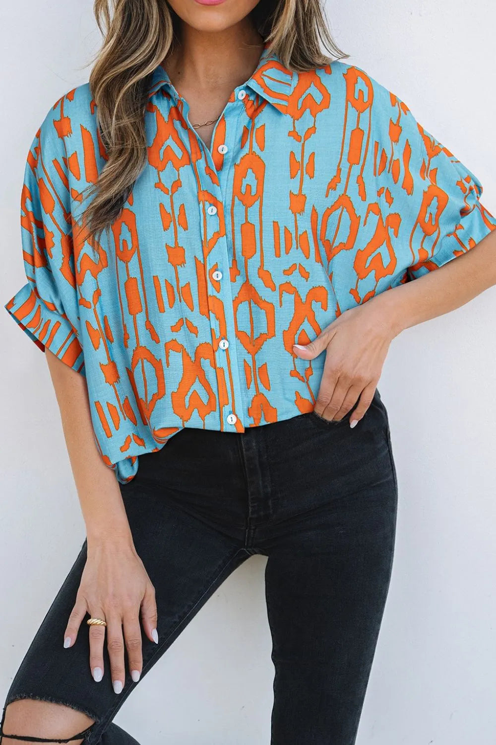 Abstract Print Dolman Short Sleeve Western Loose Shirt