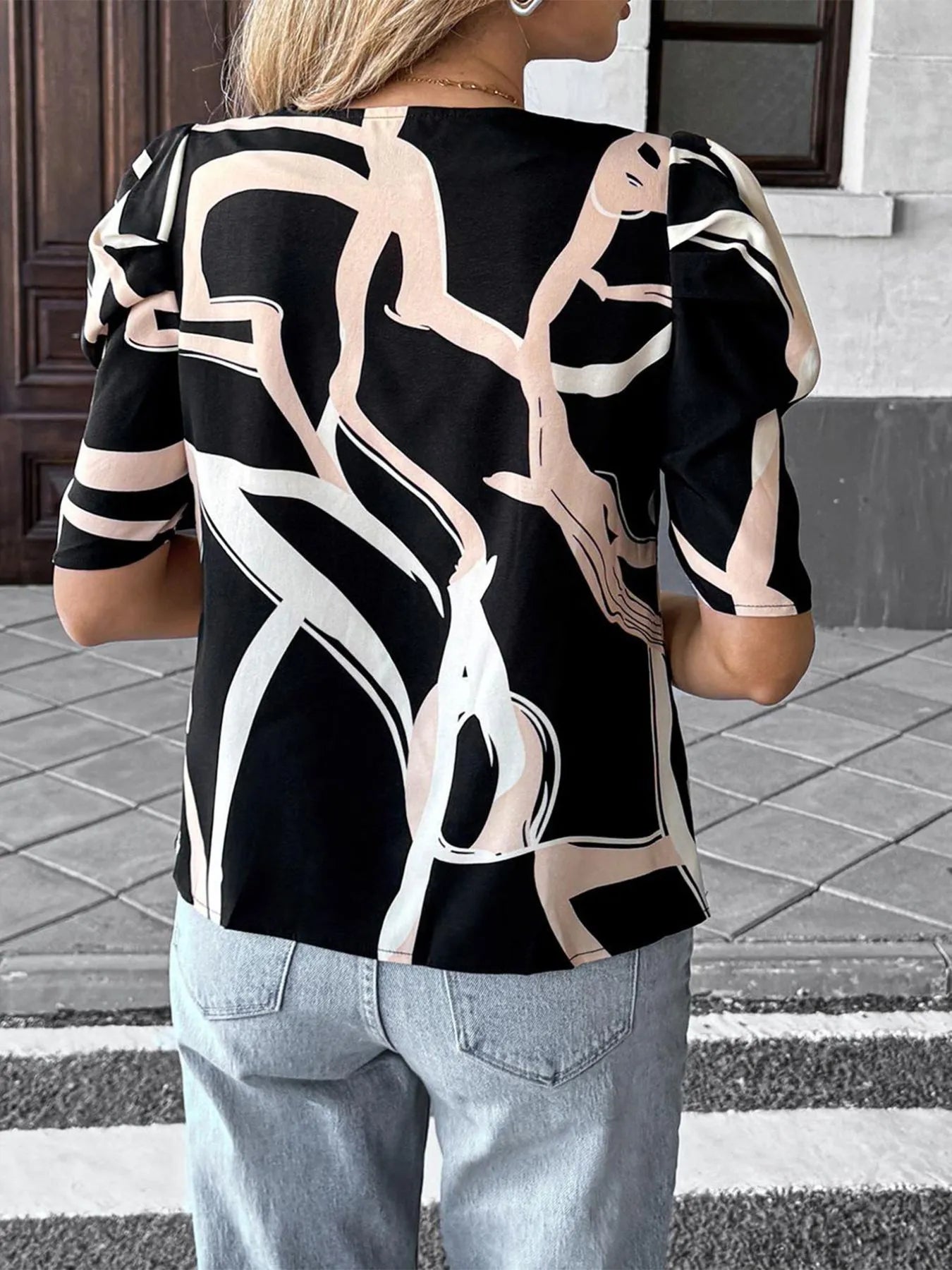 Abstract Print Puff Sleeve Notched Blouse