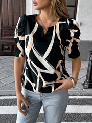 Abstract Print Puff Sleeve Notched Blouse