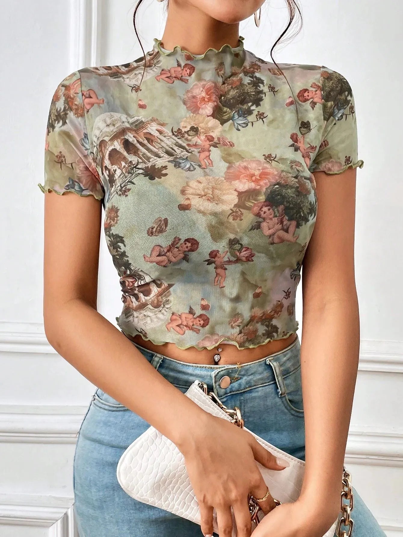 Abstract Print Ruffled Mock Neck Crop T-Shirt