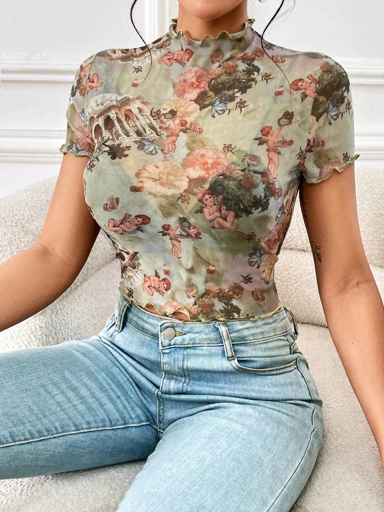 Abstract Print Ruffled Mock Neck Crop T-Shirt Sage / S