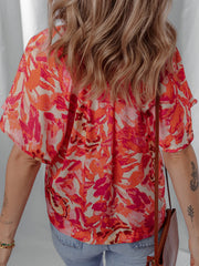 Abstract Print Striped Trim Split Neck Blouse