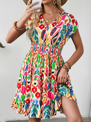 Abstract Print V Neck Dolman Sleeve Ruffle Tiered Mini Dress