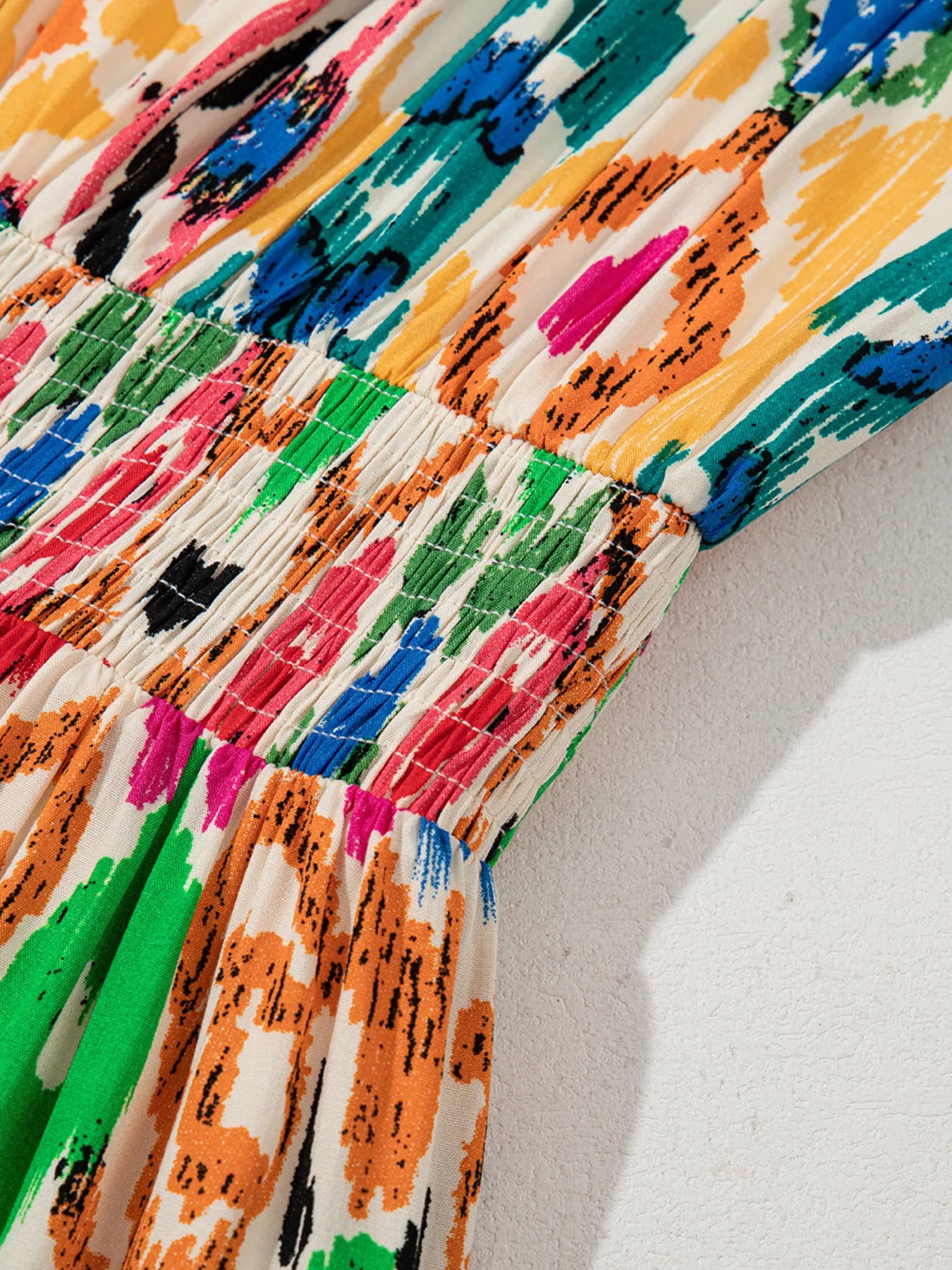 Abstract Print V Neck Dolman Sleeve Ruffle Tiered Mini Dress