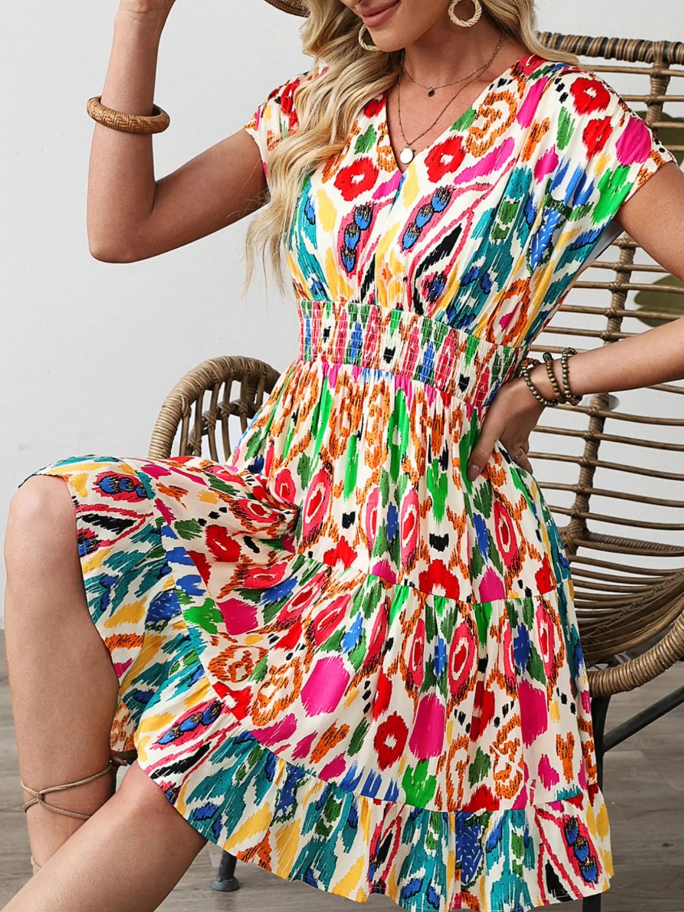 Abstract Print V Neck Dolman Sleeve Ruffle Tiered Mini Dress