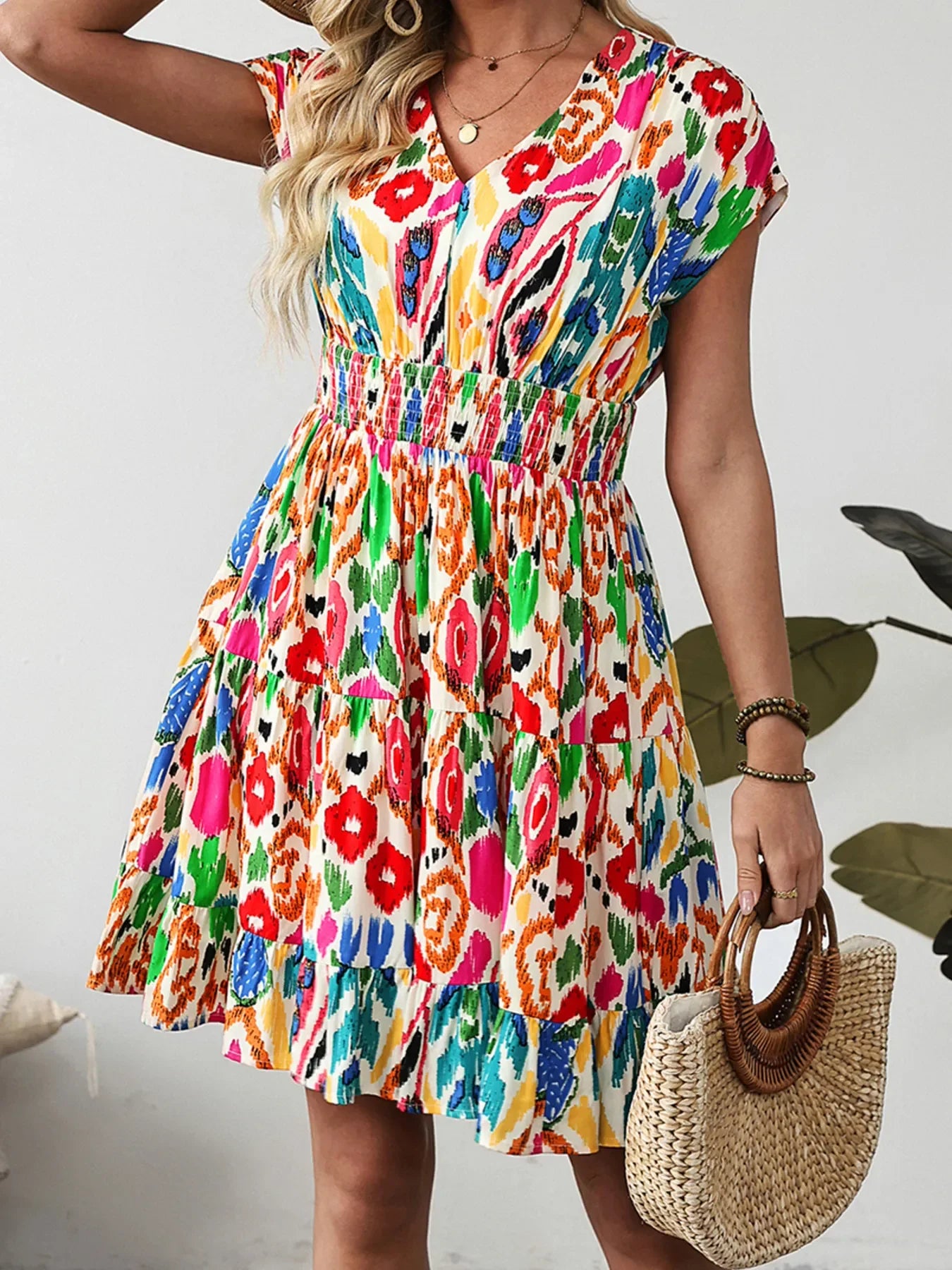 Abstract Print V Neck Dolman Sleeve Ruffle Tiered Mini Dress