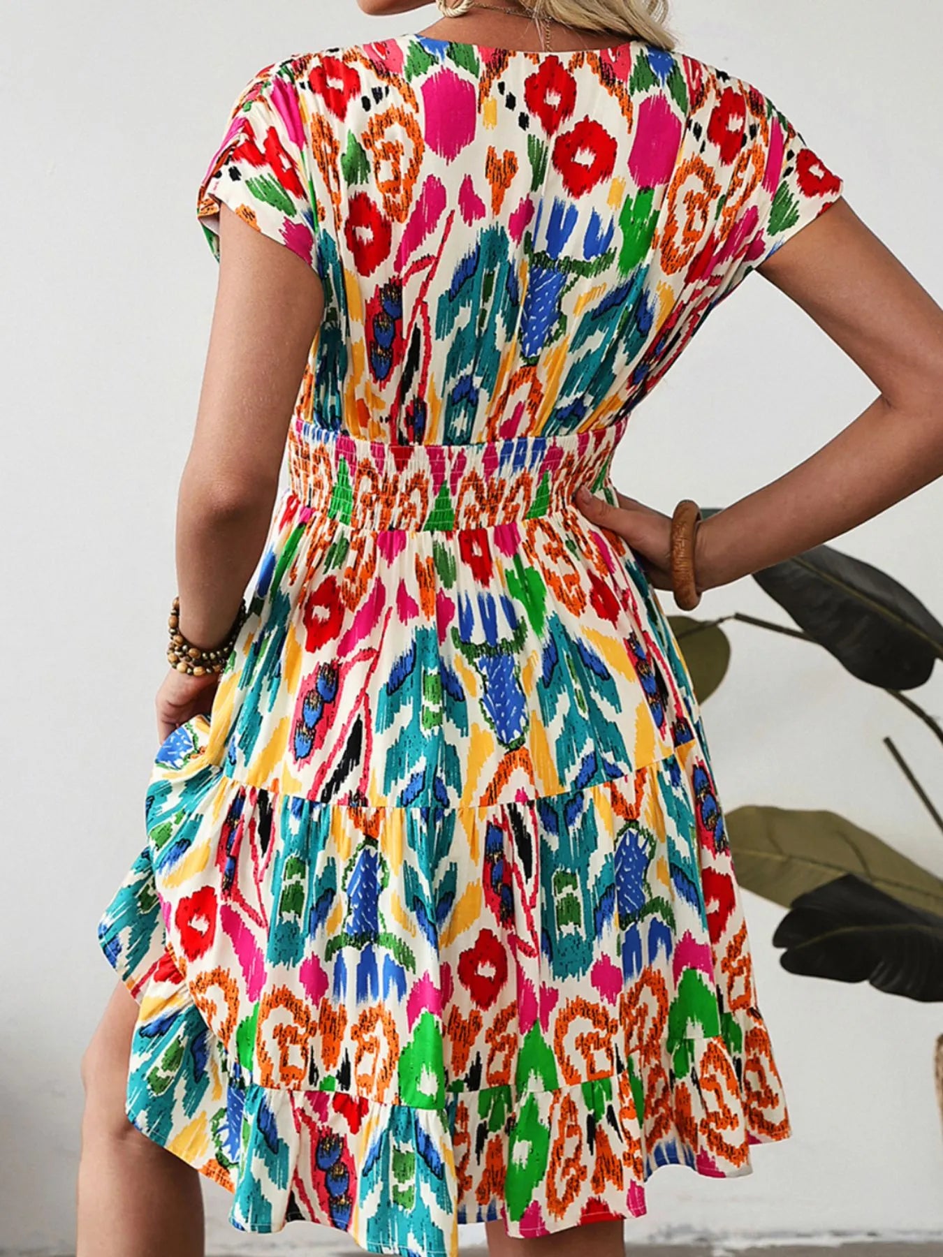 Abstract Print V Neck Dolman Sleeve Ruffle Tiered Mini Dress