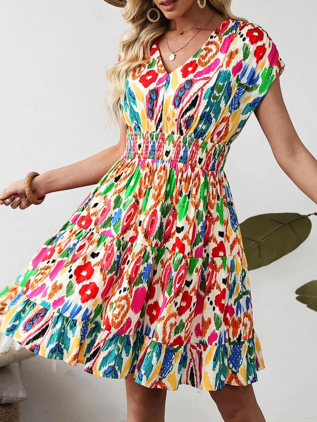 Abstract Print V Neck Dolman Sleeve Ruffle Tiered Mini Dress Floral / S