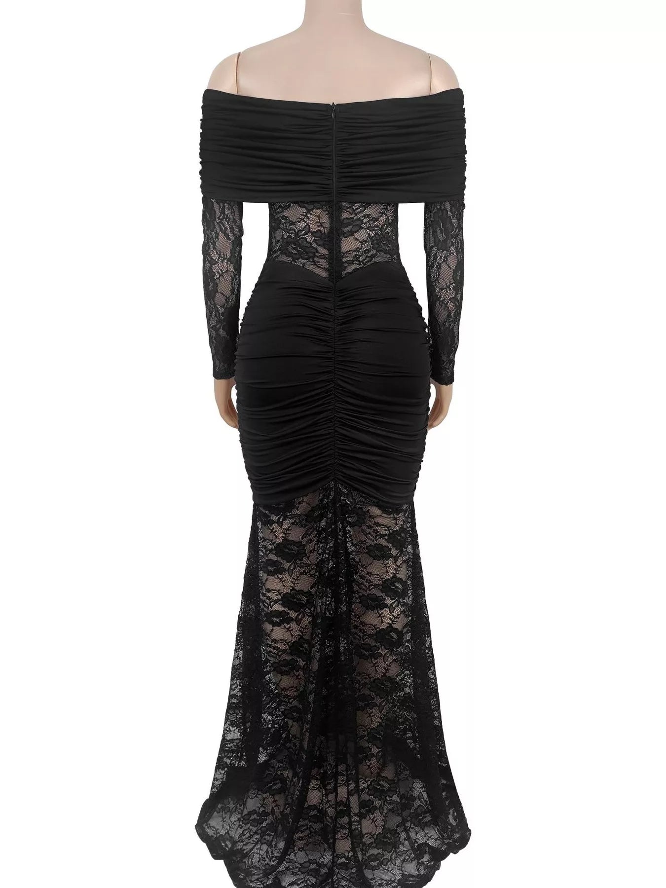 Back view of black off shoulder maxi dress on mannequin showing zip and lace