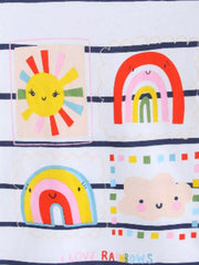 Detail view of smiling sun rainbow and cloud graphics on a children's white striped t-shirt