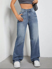 Women's high-rise wide-leg jeans with button fastening and pockets.