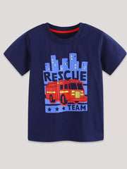 Children's dark navy short-sleeve T-shirt featuring a Rescue Team graphic.