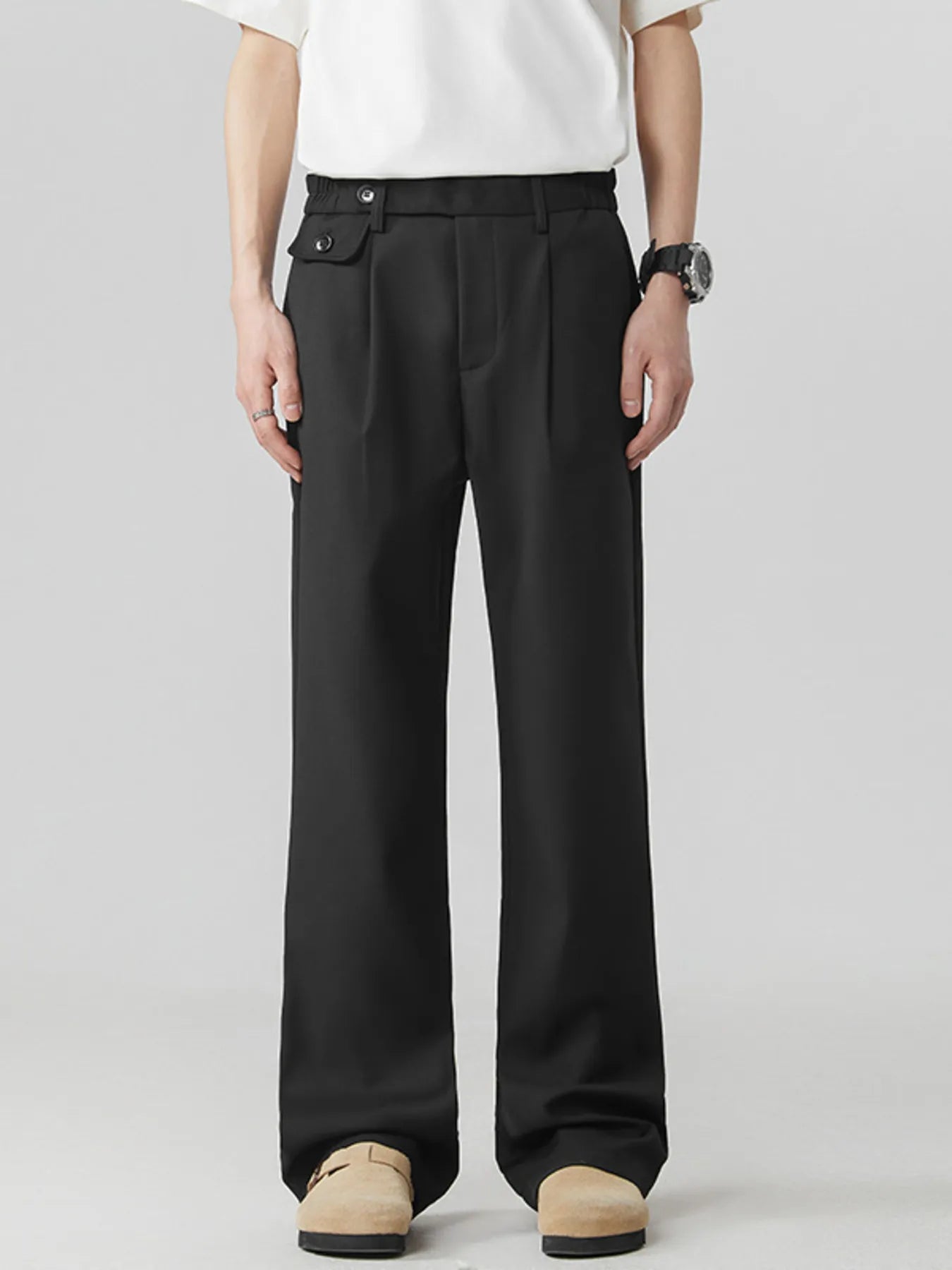 Men's black pants with a loose fit and pockets.
