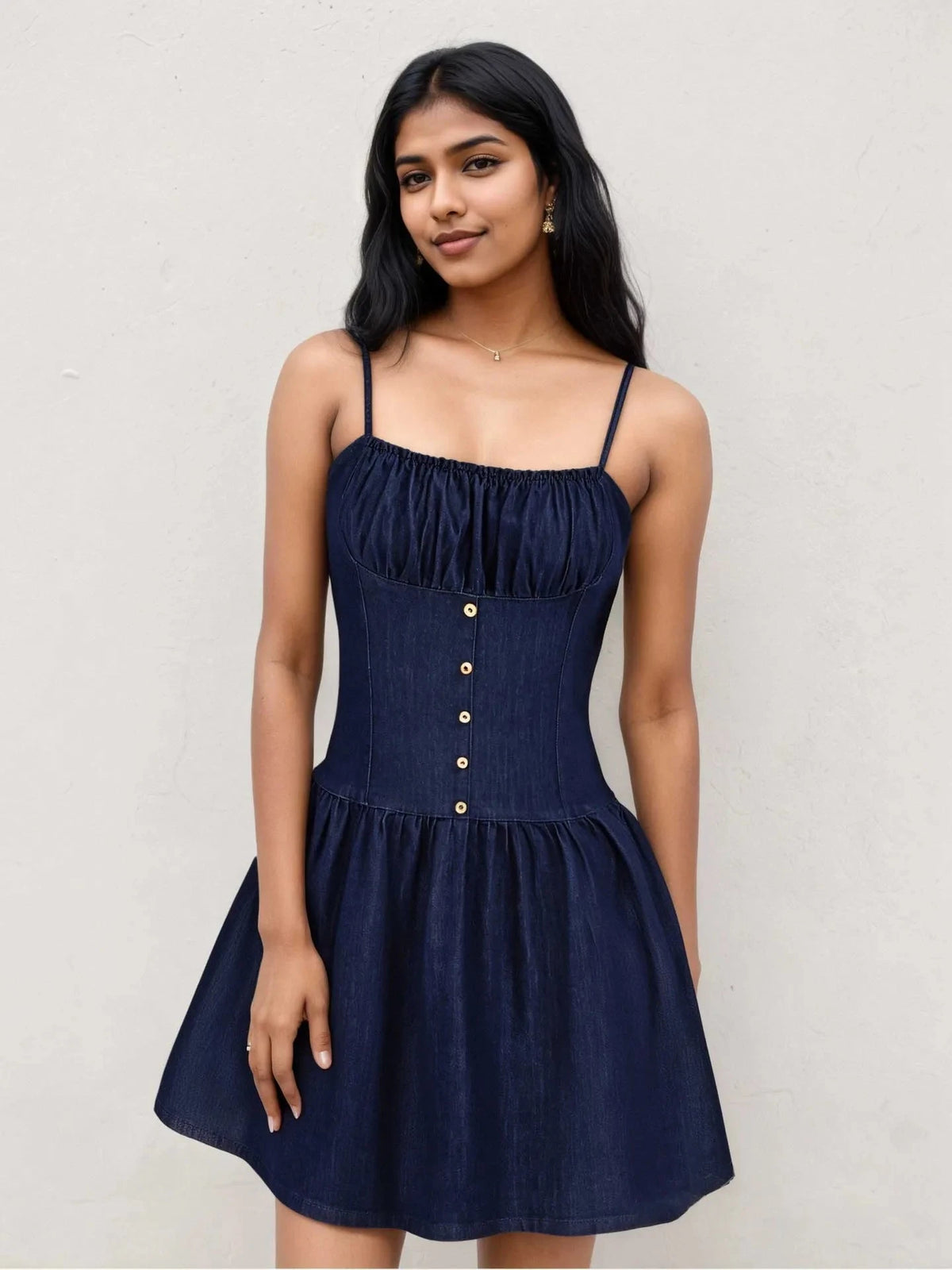 Adjustable Strap Ruched Mini Dress Dark Blue / S