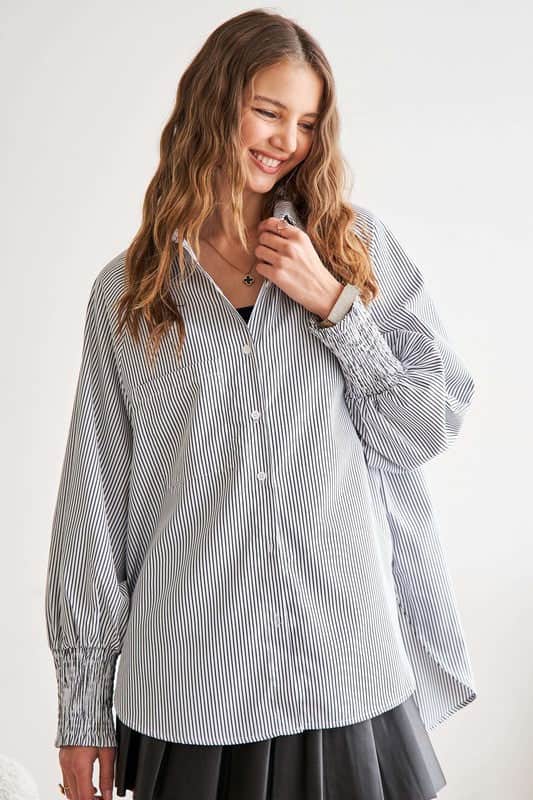 ADORA High-Low Striped Button Down Smocked Lantern Sleeve Shirt Gray / S