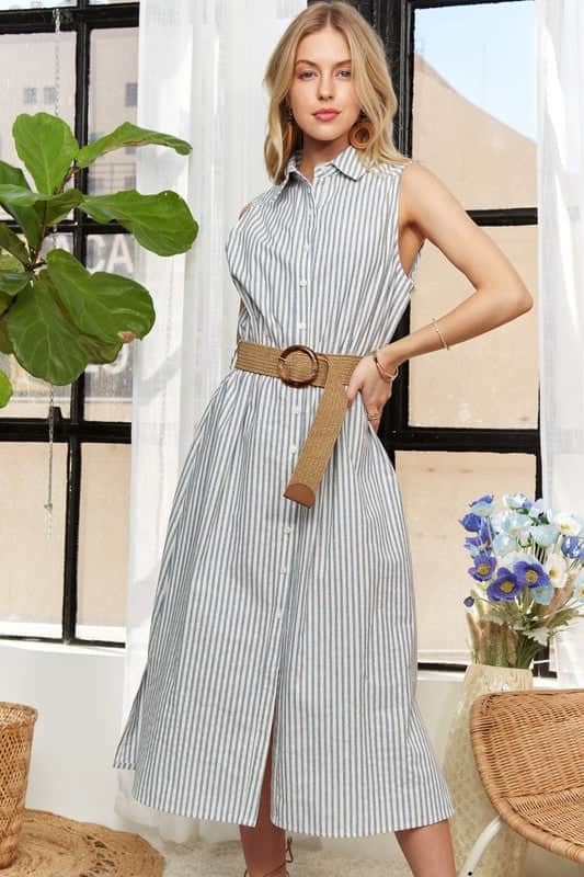 ADORA Striped Button Down Sleeveless Midi Dress Air Force Blue / S