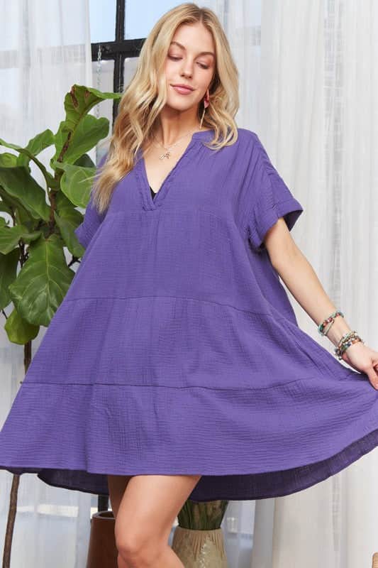 ADORA Tiered Notched Short Sleeve Dress Purple / S
