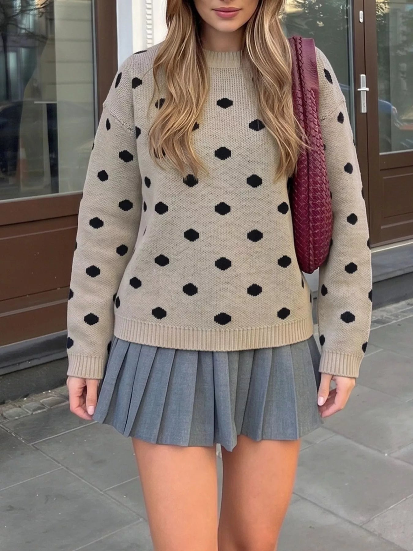 Straight front view of khaki polka dot dropped shoulder knit sweater outdoors