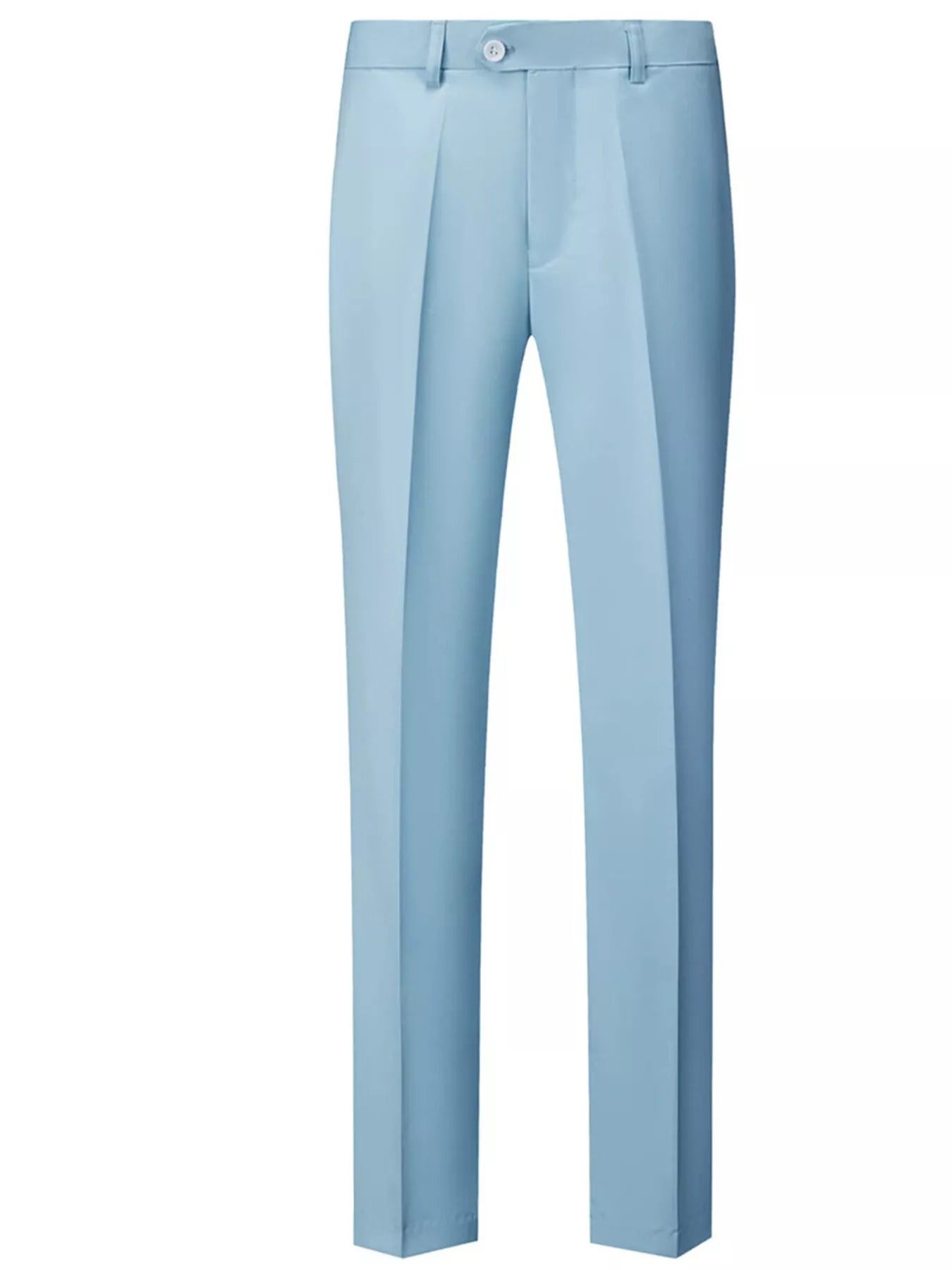 Men's sky blue dress pants with a slim fit and button closure.