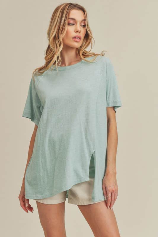 Aemi + Co Asymmetrical Front Slit Round Neck Raglan Sleeve T-Shirt Sky / S