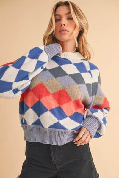 Aemi + Co Diamond Mock Neck Raglan Sleeve Sweater Blue / S