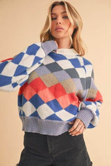 Aemi + Co Diamond Mock Neck Raglan Sleeve Sweater Blue / S