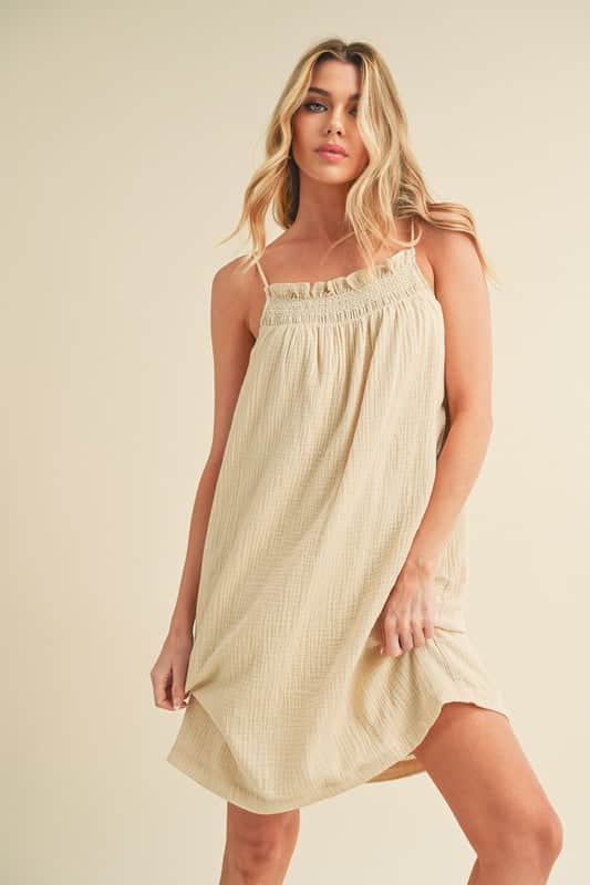 Aemi + Co Embroidered Trim Gauze Square Neck Mini Cami Dress Oatmeal / L