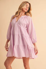 Aemi + Co Notched Balloon Sleeve Tiered Mini Dress