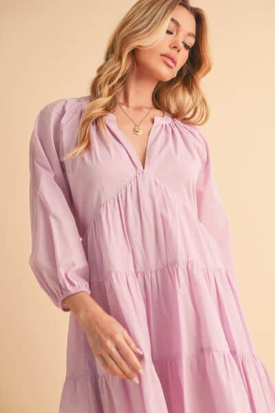 Aemi + Co Notched Balloon Sleeve Tiered Mini Dress