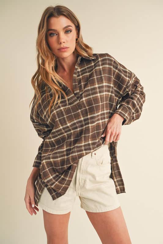Aemi + Co Side Slit High-Low Plaid Long Sleeve Polo Shirt