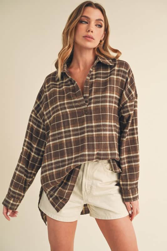 Aemi + Co Side Slit High-Low Plaid Long Sleeve Polo Shirt